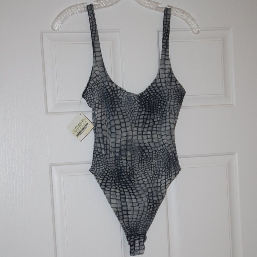 La Perla New Bodysuit Gray Abstract Croco Print Double Layer Top Italy US 8